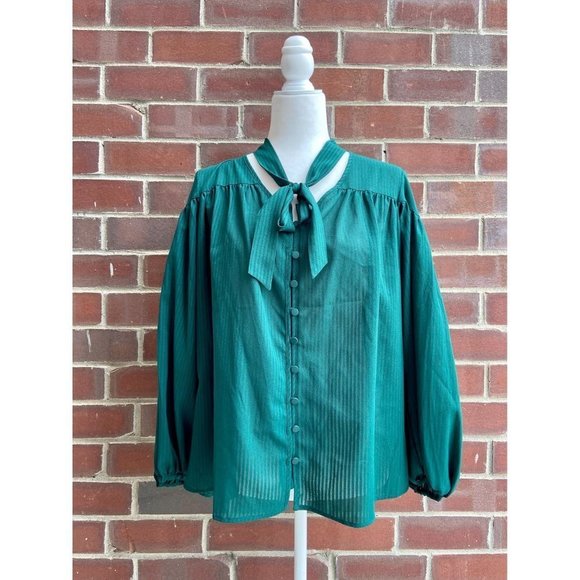Time and Tru Tops - Emerald Tie Neck Button Down Blouse
